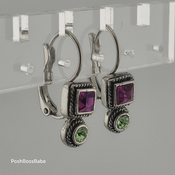 Vintage Silver-Toned Purple & Green Gemstone Drop Earrings - Picture 2 of 5
